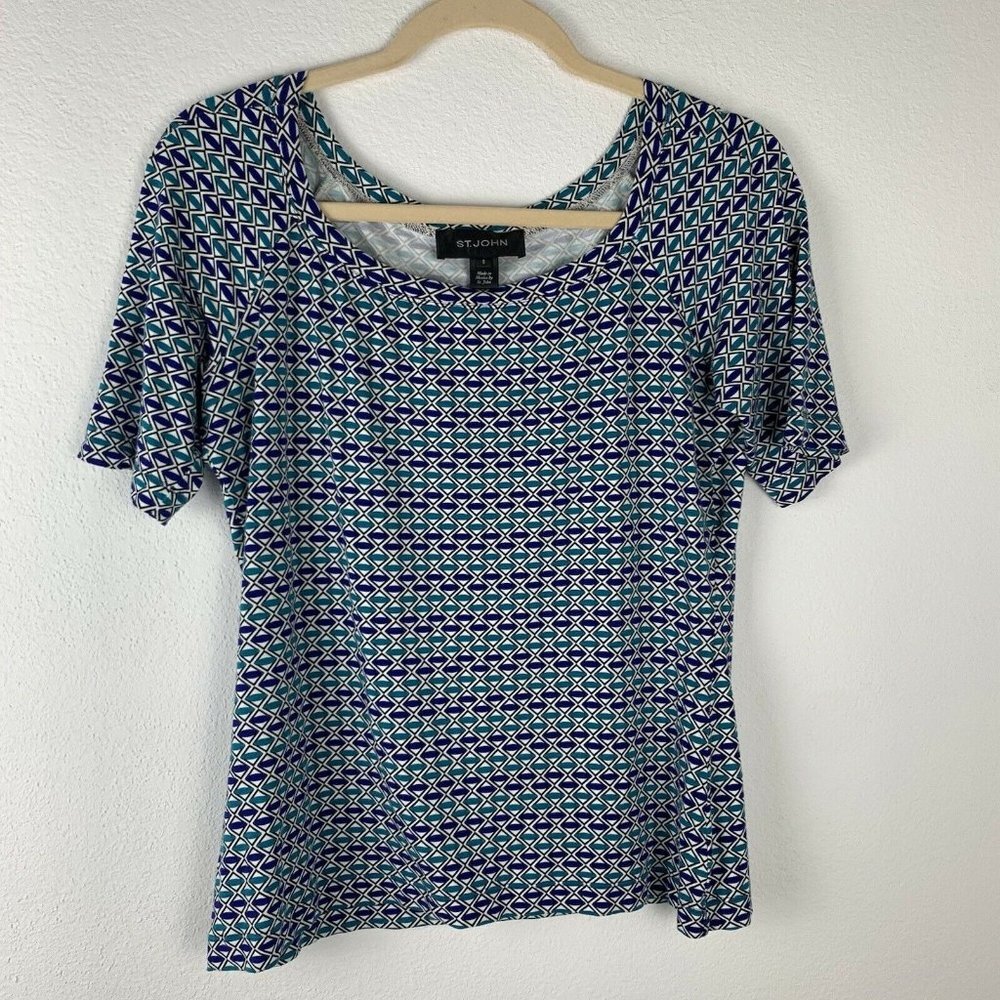 St. John Women's S Blue White Geometric Print Tee Shirt Top Blouse